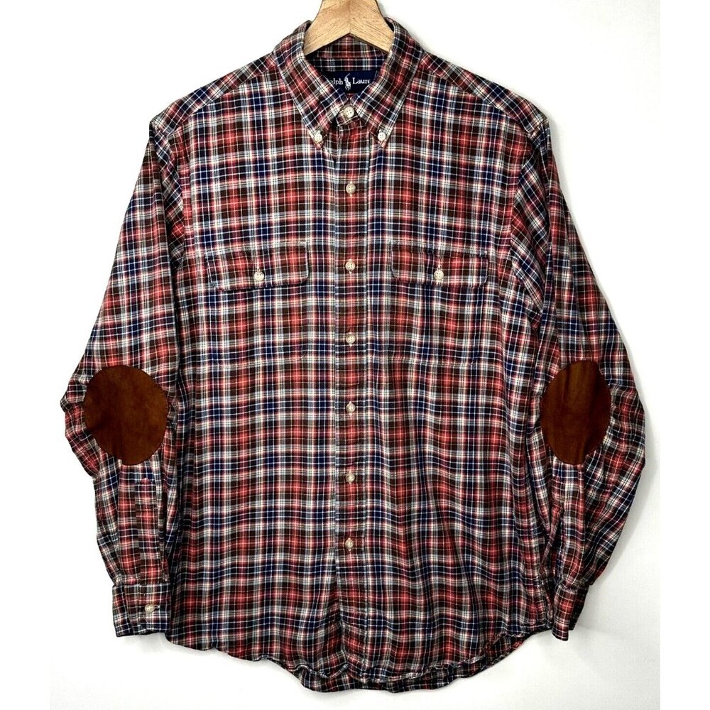 Ralph Lauren Mens Shirt VTG Flannel Cotton Flap Pocket Elbow Patch Red Plaid M